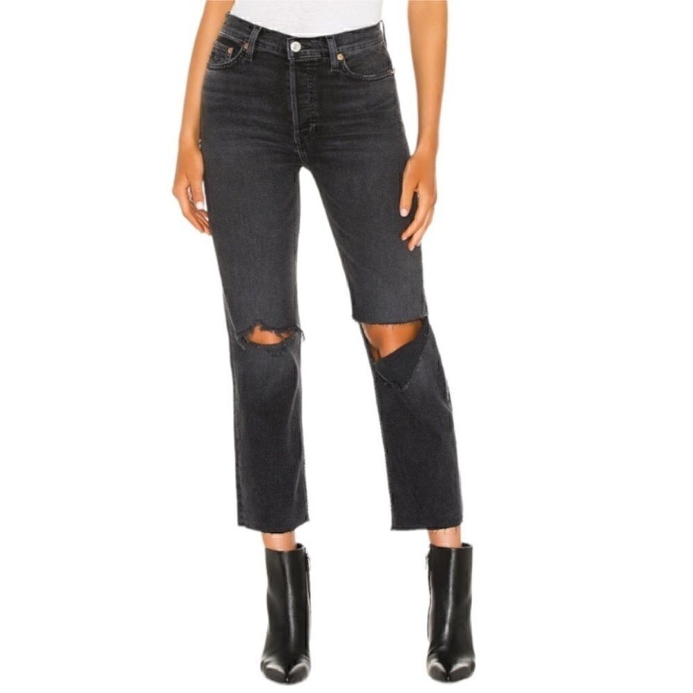 Re/done Distressed Straight Leg Black Raw Hem Jeans sz 29